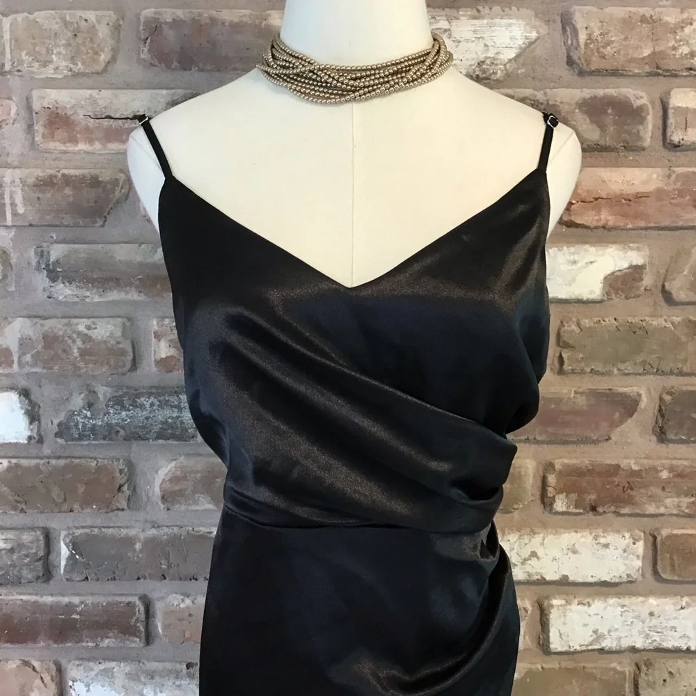 BIRDY GREY Women's Black Satin CATHERINE V-Neck Ruched Sleeveless Dress L - Picture 6 of 8